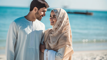 Cruise vacation. View of arabic tourist couple in traditional dress in front of sea shore.の素材