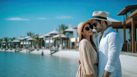 Cruise vacation. View of arabic tourist couple in traditional dress in front of sea shore.の素材