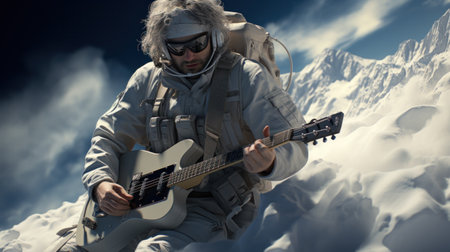 Guitarist plays while skiing or snowboarding in clouds of snow. Music for freeride.の素材