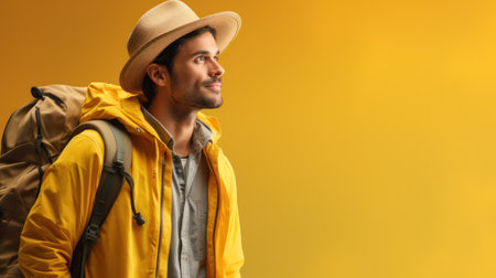 Man tourist with big bag, backpack, isolated on yellow background.の素材