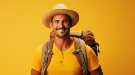 Man tourist with big bag, backpack, isolated on yellow background.の素材
