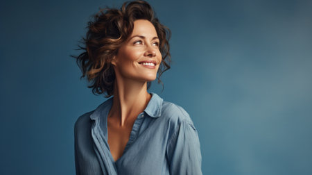 Woman tourist portrait isolated on blue background.の素材