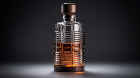 Bottle of amber color premium alcohol, isolated on white background. Ideal for mock-up of whisky, brandy, cognac or rum design.の素材
