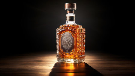 Bottle of amber color premium alcohol, isolated on white background. Ideal for mock-up of whisky, brandy, cognac or rum design.の素材