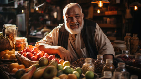 Men selling Dried food products on the arab street market stall.の素材