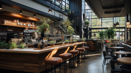 Cozy cafe interior with sofas and tables for quick lunch, angle view, panorama, copy space.の素材