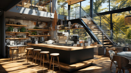 Cozy cafe interior with sofas and tables for quick lunch, angle view, panorama, copy space.の素材