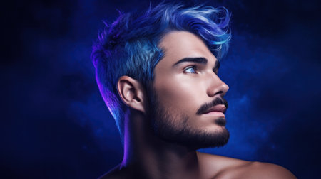 Stylish young man with unusual blue hair and beard on color backgroundの素材