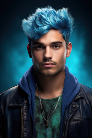 Stylish young man with unusual blue hair and beard on color backgroundの素材