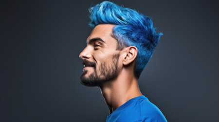 Stylish young man with unusual blue hair and beard on color backgroundの素材