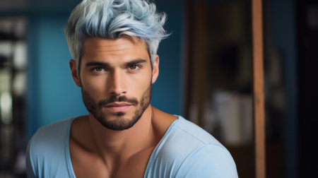 Elegant young blue hair handsome man. Studio fashion portrait on bright background.の素材