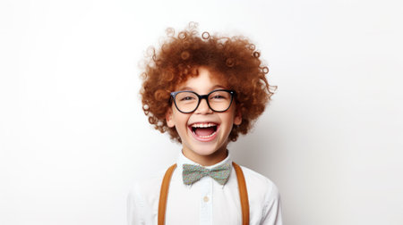 Charming curly boy portrait on white background.の素材