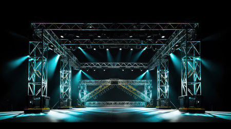 Online event entertainment concept. Background for concert. Blue stage spotlights. Empty stage with blue spotlightsの素材