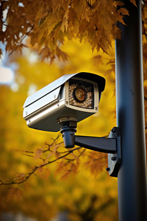 Close-up Of Security Camera On The Street autumn park.の素材