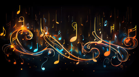 Colorful musical notes and sheet music, artistic illustration.の素材