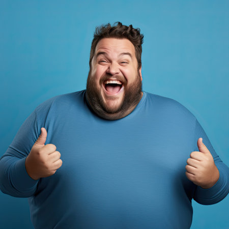 Excited fat man celebrating success. Happy plus size bearded man on blue background.の素材
