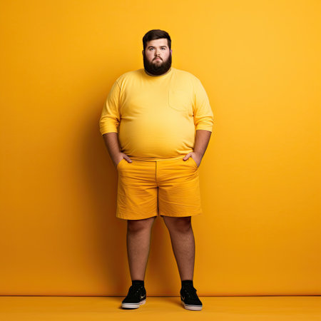 Excited fat man celebrating success. Happy plus size bearded man on yellow background.の写真素材