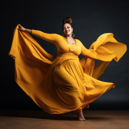 Lucky plus-size lady overweight woman in fashion sunglasses and colorful sundress happy dancing, celebrating on mint background with free text spaceの素材