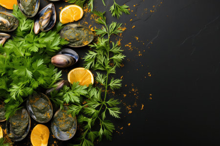 Steamed shellfish Clams with garlic and herbs. Black background. Top view. Copy space