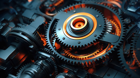 Car engine, concept of modern vehicle motor with metal, chrome, plastic parts, heavy industry.の素材
