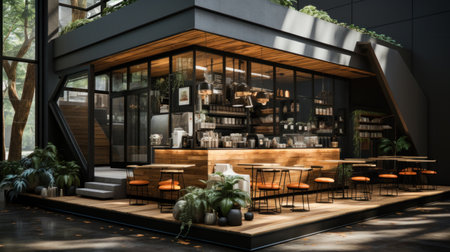 Cozy cafe interior with sofas and tables for quick lunch, angle view, panorama, copy space.の素材
