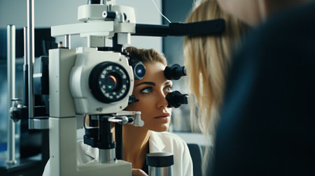 Eye doctor with female patient during an examination in modern clinic. Ophthalmologist is using special medical equipment for eye health saving and improving.の素材