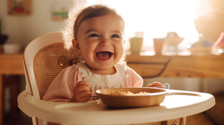 funny baby eating healthy food in kitchen.の素材
