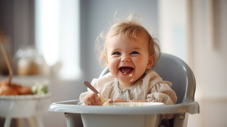 funny baby eating healthy food in kitchen.の素材