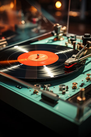 Retro futuristic Vinyl record player, bright lights disco-bokeh. Needle on vinyl recordの素材