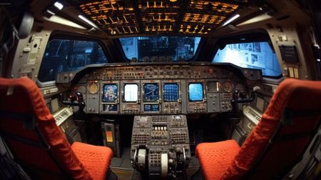 Control mechanism in the cabin space shuttle. Interior spacecraft. Control room space rocketsの素材