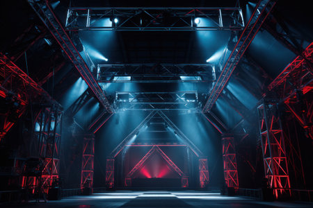 Online event entertainment concept. Background for concert. Blue stage spotlights. Empty stage with blue spotlightsの素材