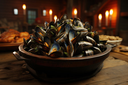Mussels with herbs in a bowl with lemon and French fries on a wooden board. Seafoodの写真素材