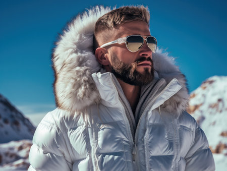 Brutal bearded man with in white glossy parka. Hipster at expensive ski resort.の素材