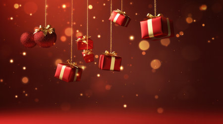 Christmas greeting card mockup. Elegant Xmas baubles and golden decorations on red backgroundの素材