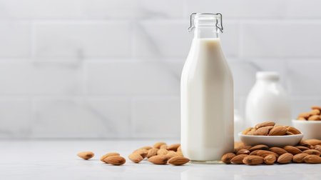 Homemade almond milk in a small bottleの素材