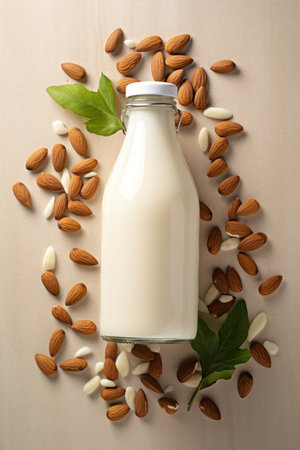 Homemade almond milk in a small bottleの素材