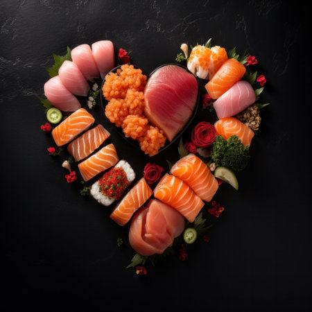 Heart shaped Valentine day sushi set. Classic sushi rolls, maki set for two, with two pairs of chopsticks for Valentines dating dinner, on dark backgroundの素材