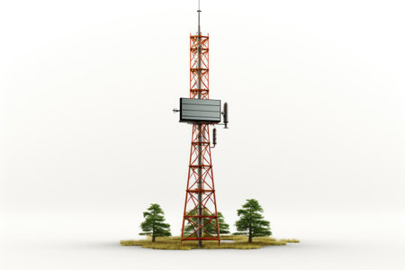 Telecommunication tower of 4G and 5G cellular. Base Station or Base Transceiver Station. Wireless Communication Antenna Transmitter. Telecommunication tower with antennas isolated on white background.の素材