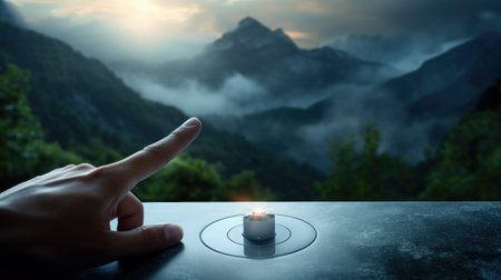 Finger press on emergency stop switch button, Machine control of nature, mountains concept.の素材