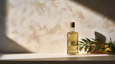 bottle of white wine, gin under summer sunlight.の素材