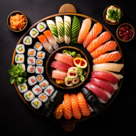 Japanese cuisine. Sushi set on a wooden plate over dark stone backgroundの素材