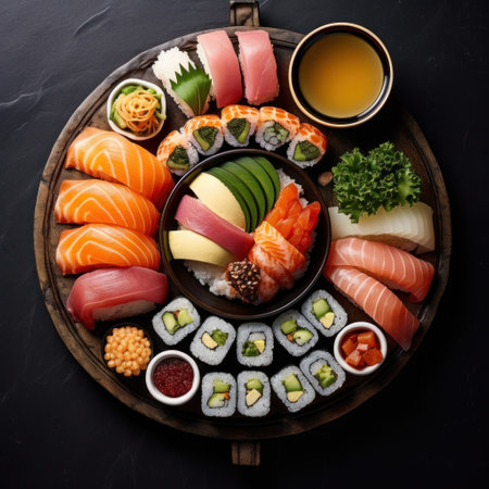 Japanese cuisine. Sushi set on a wooden plate over dark stone backgroundの素材
