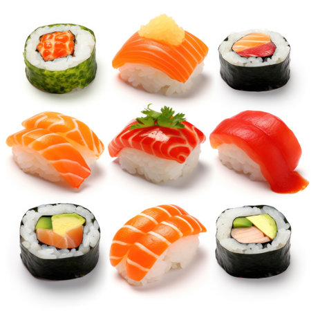 Set Asian food sushi on wooden plate isolated on white backgroundの素材