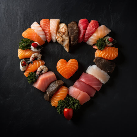 Heart shaped Valentine day sushi set. Classic sushi rolls, filadelfia, maki set for two, with two pairs of chopsticks for Valentines dating dinner, with rose flowers bouquet on dark backgroundの素材