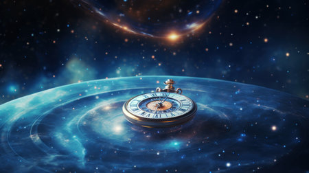 Compass pointing to goals against illuminated beautiful space.の素材