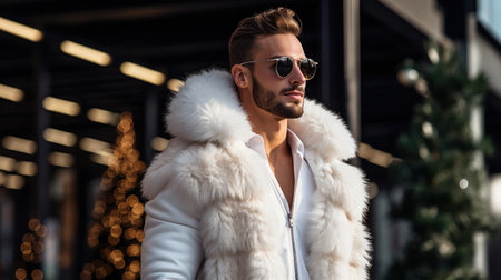 Brutal bearded man with in white glossy parka. Hipster at expensive ski resort.の素材