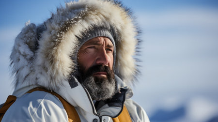 Brutal bearded man with in white glossy parka. Hipster at expensive ski resort.の素材