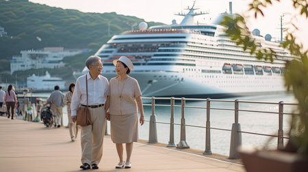 Active seniors taking at vacation with cruise ship on background, ai generative. Summer vacationの素材