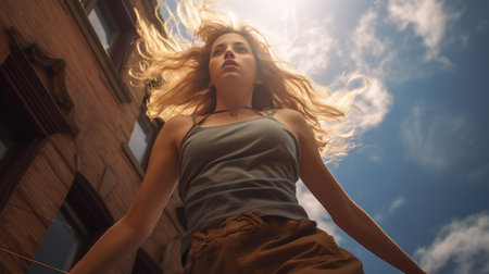 Low angle view of young fashionable woman in a city.の素材