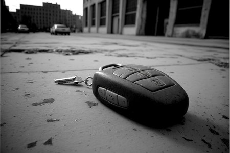 abstract lost car keys fall lying on the street concrete cement ground roadway.の素材